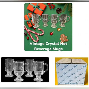 Vintage Crystal Hot Cold Irish Coffee 4 Pedistal Mugs Signature Etched Daisy